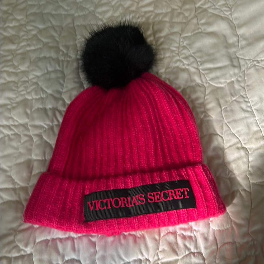 Victoria's Secret Bright Pink Knit Beanie with Black Pom